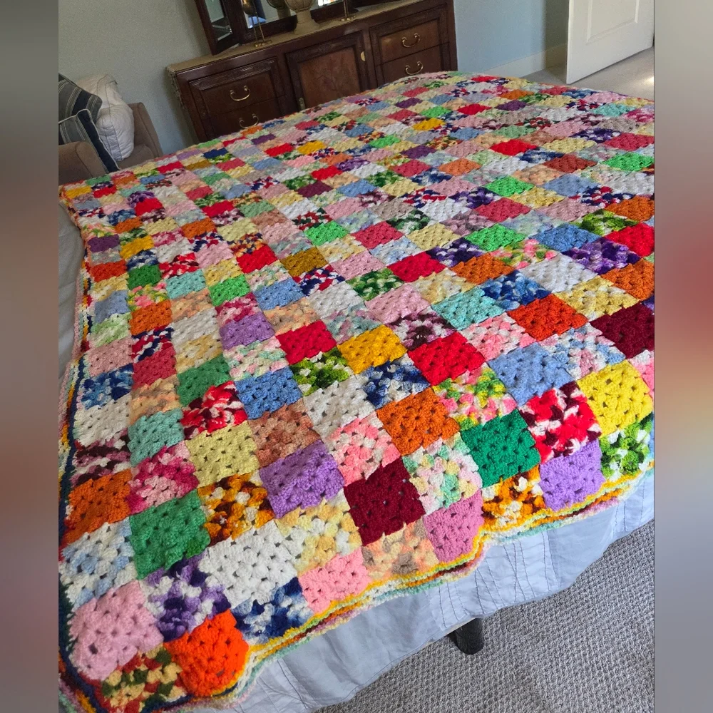 Vintage Granny Multicolor Square Crochet Throw Blanket or Afghan Extra Large
